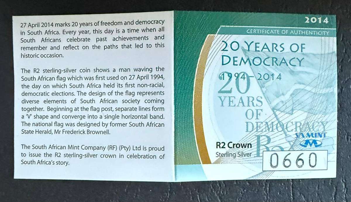 2014 - 20 Years of Democracy - Silver R2 Proof - in original SAM box, with COA
