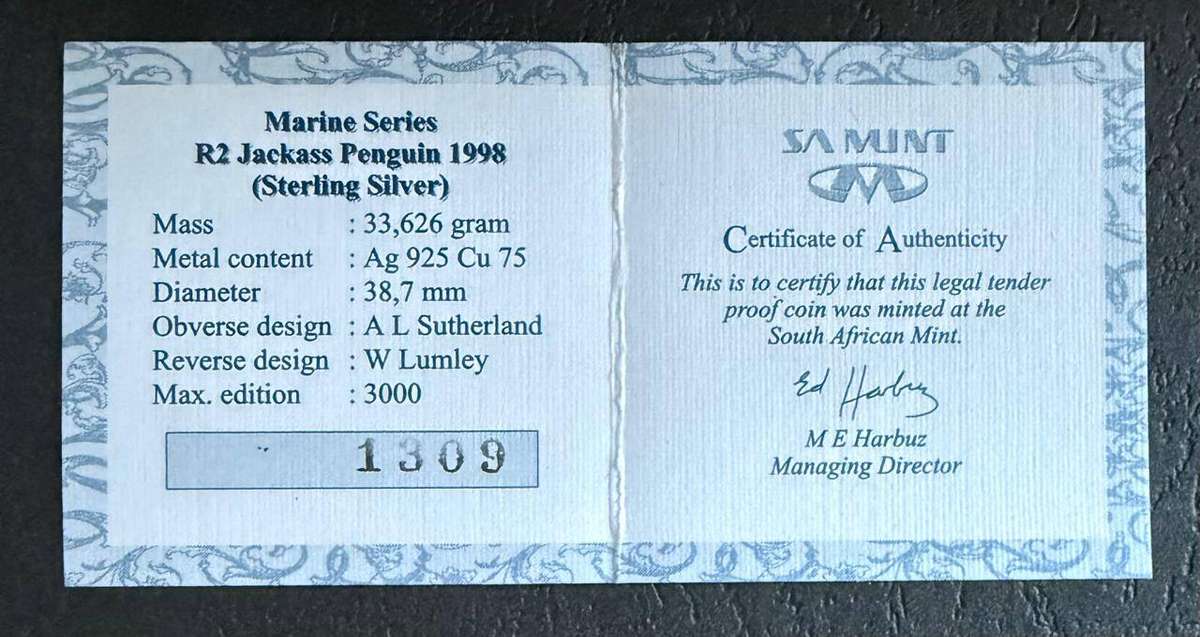 SILVER 1 OUNCE - Silver Proof R2 - Jackass Penguin - Mintage 2053 - with COA