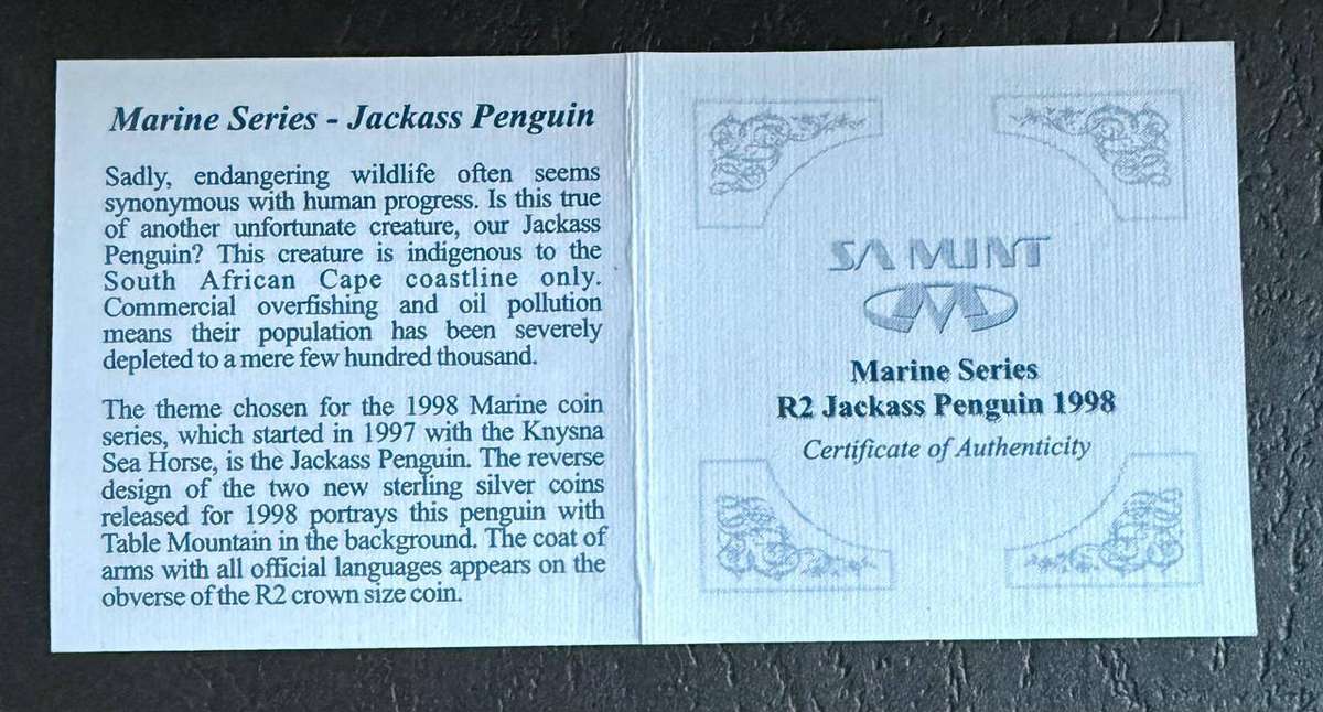 SILVER 1 OUNCE - Silver Proof R2 - Jackass Penguin - Mintage 2053 - with COA