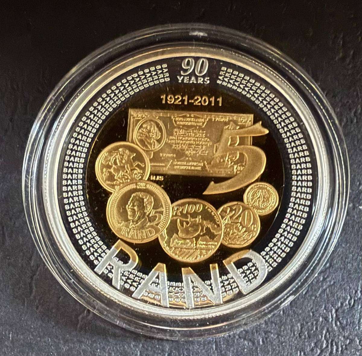 BI-COLOUR R5 Proof Crown - 2011 - SARB 90th Anniversary - in original SAM box and COA - 2 available