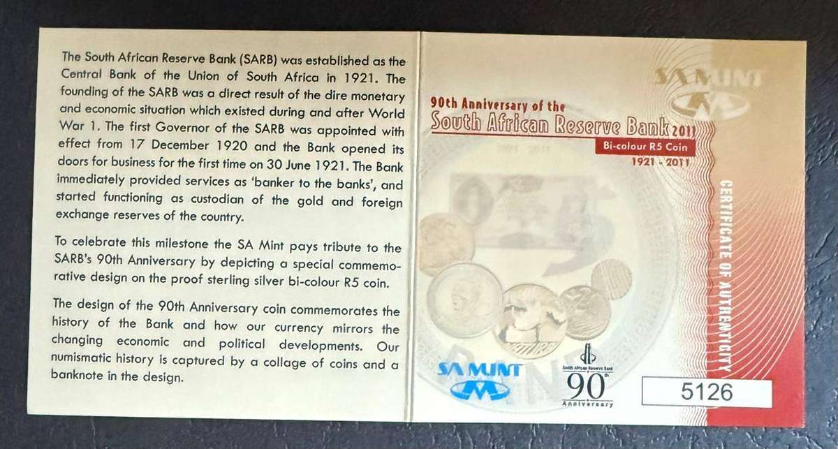 BI-COLOUR R5 Proof Crown - 2011 - SARB 90th Anniversary - in original SAM box and COA - 2 available