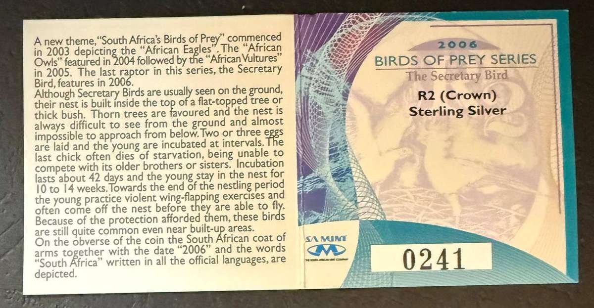 SILVER 1 OUNCE - Silver Proof R2 The Secretary Bird - Mintage 2693 - with COA