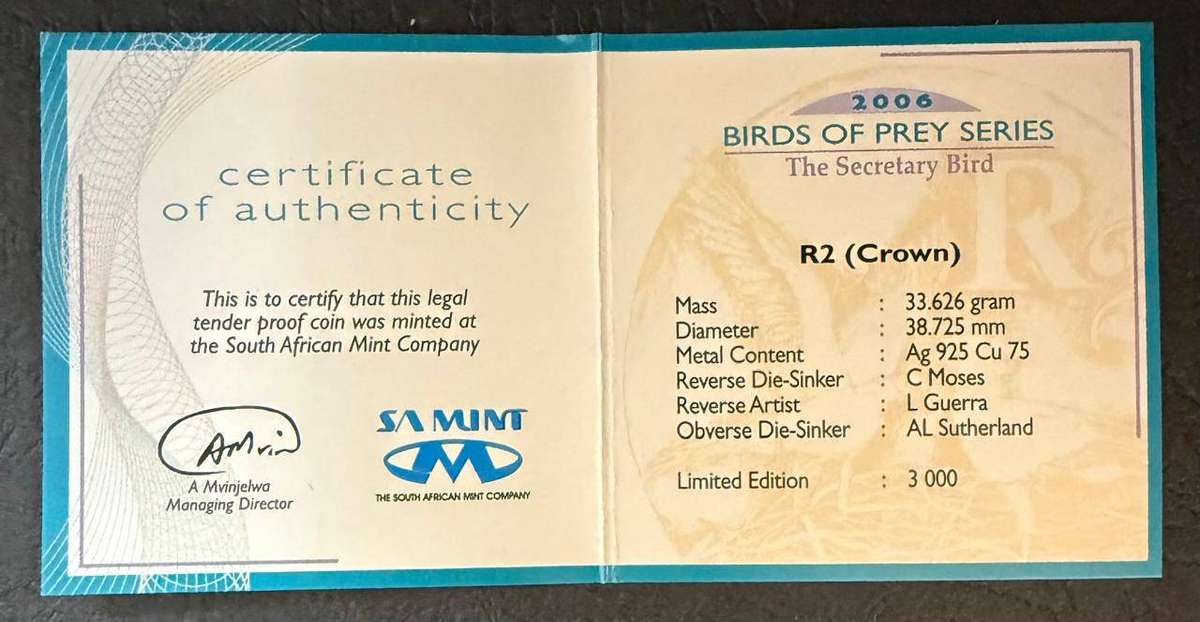 SILVER 1 OUNCE - Silver Proof R2 The Secretary Bird - Mintage 2693 - with COA