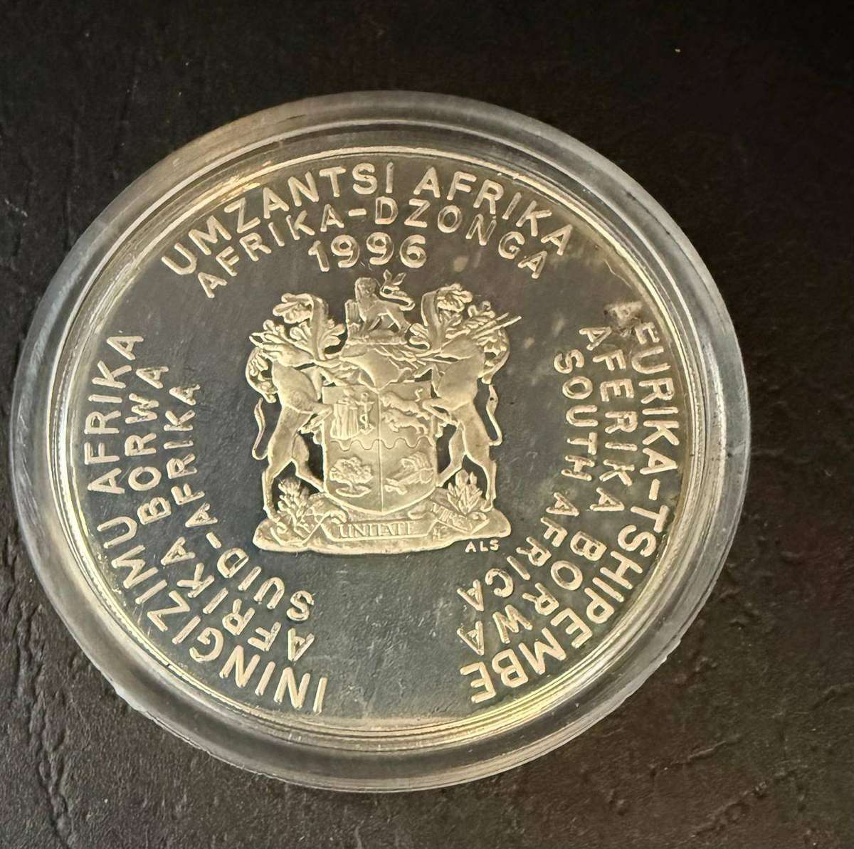 SILVER 1 OUNCE - 1996 Silver Proof R2 Bafana Bafana Cup- Mintage 2690 -with COA in original SAM box