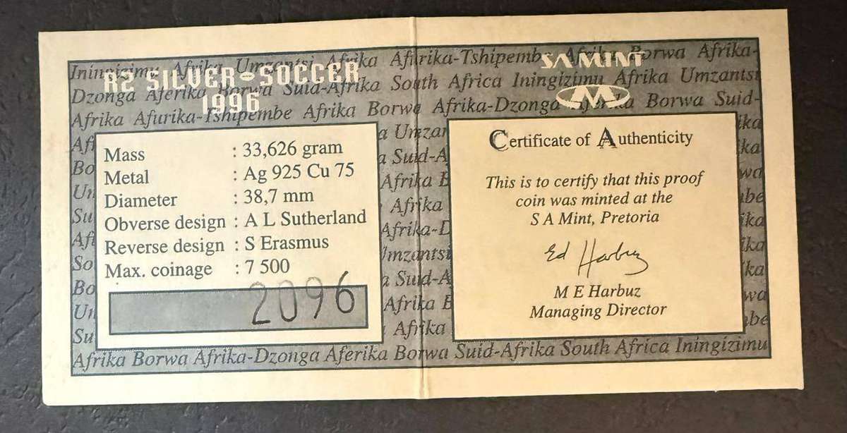 SILVER 1 OUNCE - 1996 Silver Proof R2 Bafana Bafana Cup- Mintage 2690 -with COA in original SAM box