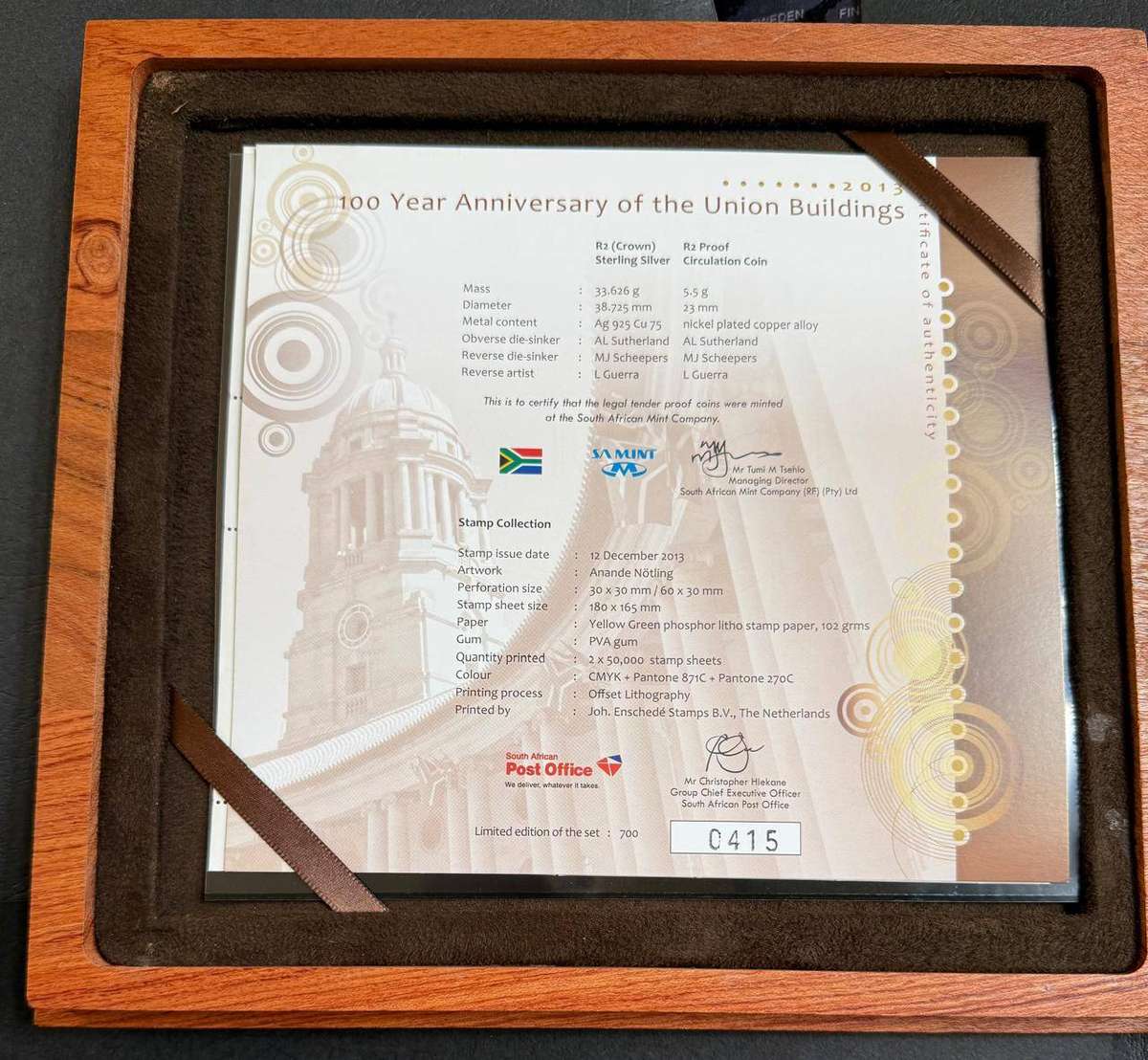 SILVER 1 OUNCE - 2013 Silver Proof R2 Crown + R2 circ Union Buildings Centenary Set - Mintage 699