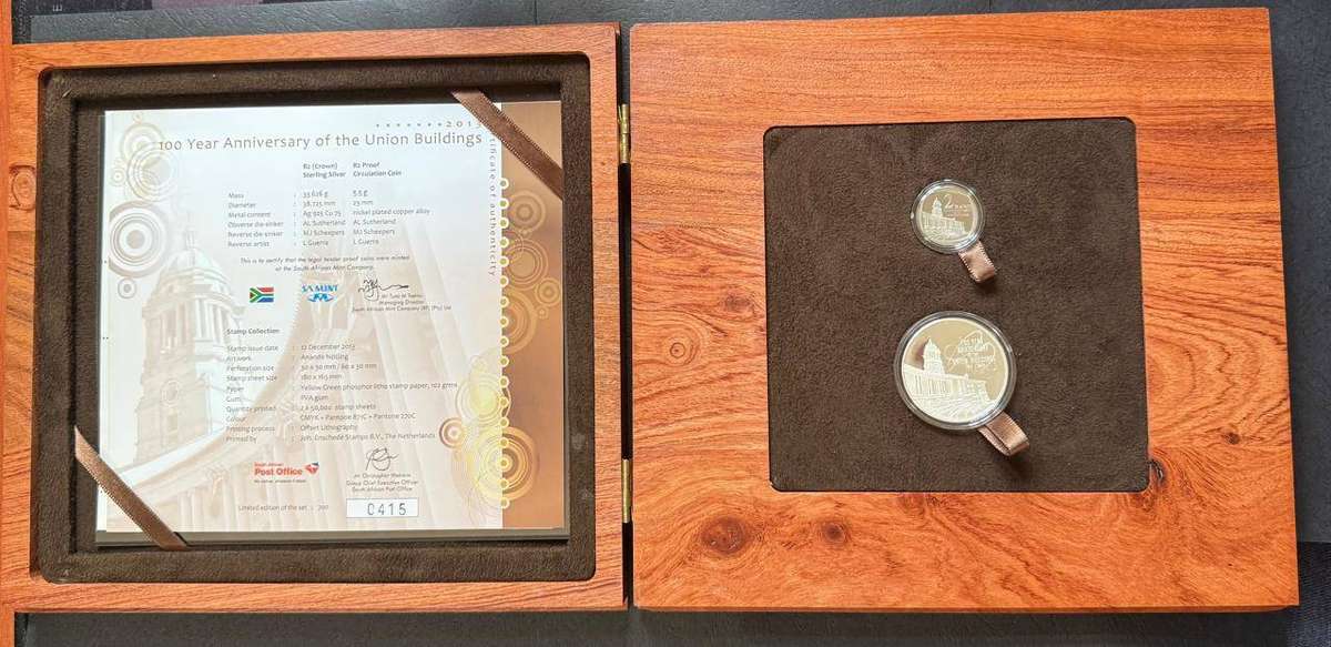 SILVER 1 OUNCE - 2013 Silver Proof R2 Crown + R2 circ Union Buildings Centenary Set - Mintage 699