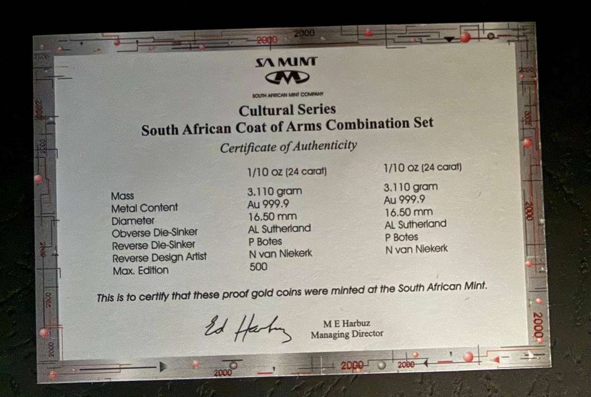 Gold R1 Proof 1/10 ounce - Xhosa Nation Coat of Arms Set -bid PER COIN -winner takes BOTH coins