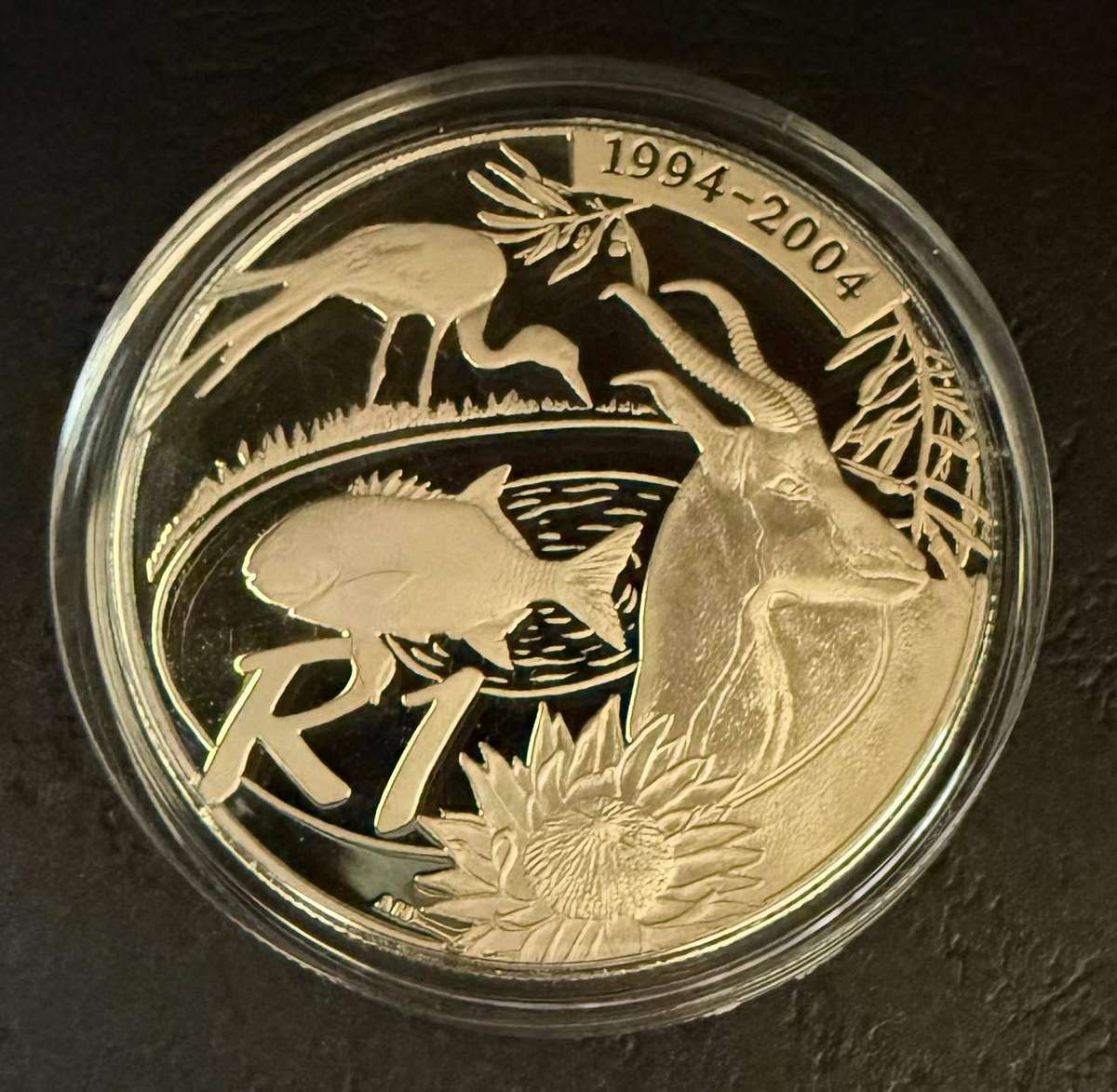 Silver R1 Proof - Democracy 2004 - "10 Year Anniversary of a Democratic SA" - mintage of  only 1530
