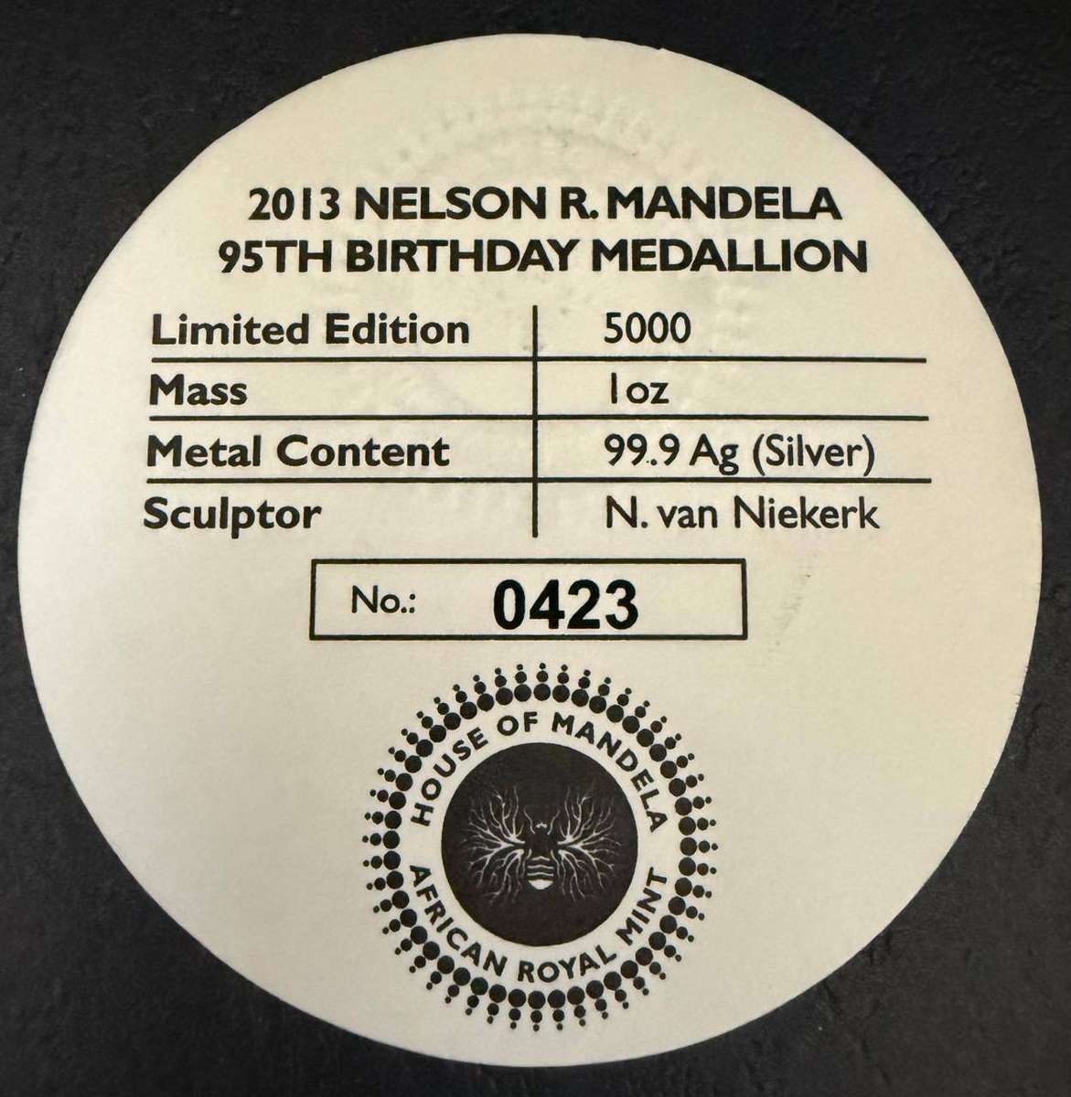 Silver 1 Oz - House of Mandela 2013 95th Birthday Medallion - in unique hexagon shaped display case