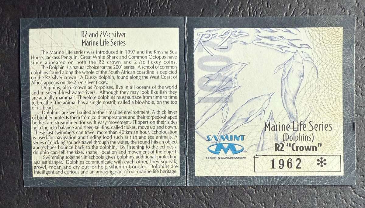 SILVER 1 OUNCE - Silver Proof R2 DOLPHINS - Mintage 2987 - includes COA