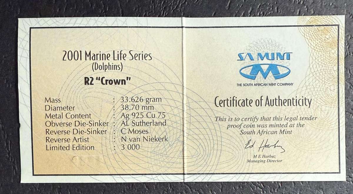 SILVER 1 OUNCE - Silver Proof R2 DOLPHINS - Mintage 2987 - includes COA