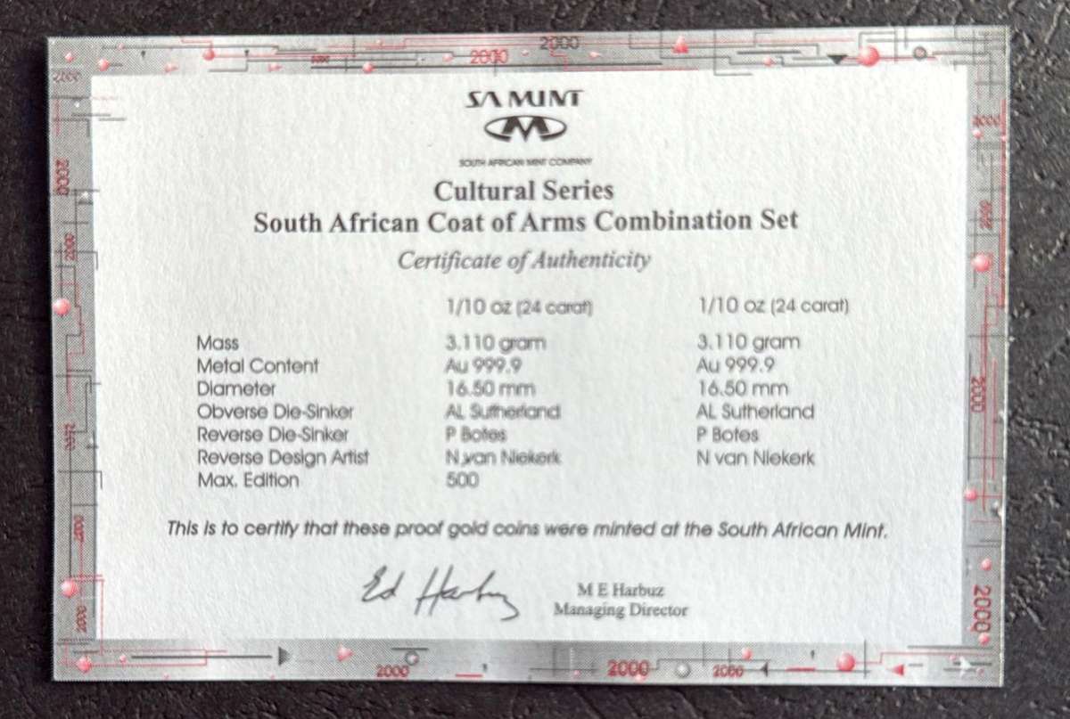 Gold R1 Proof 1/10 ounce - The Xhosa Nation Coat of Arms Combination Set - Low Mintage of only 258