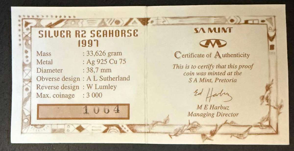 SILVER 1 OUNCE - Silver Proof R2 Seahorse - with COA - Mintage 3000