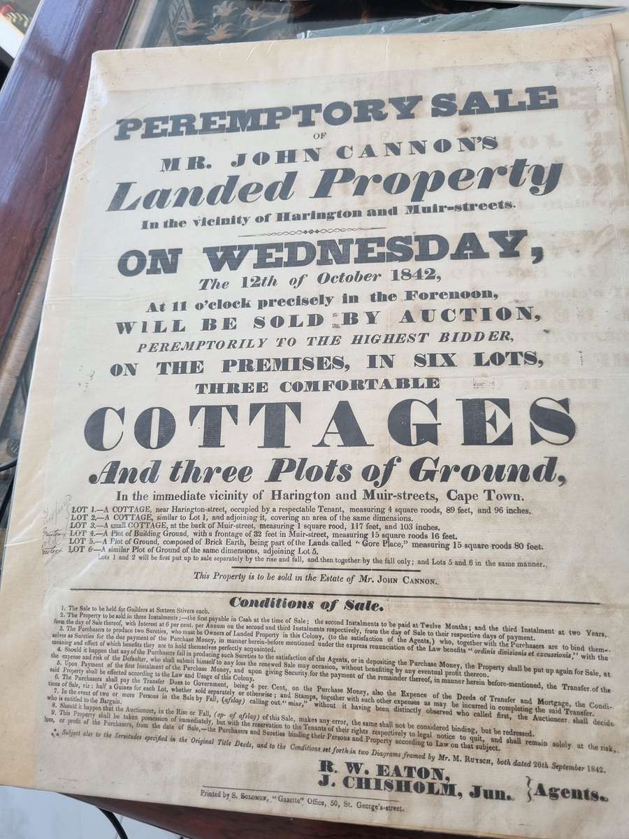 District 6 property auction, corner of Harrington and Muir Street. 1842