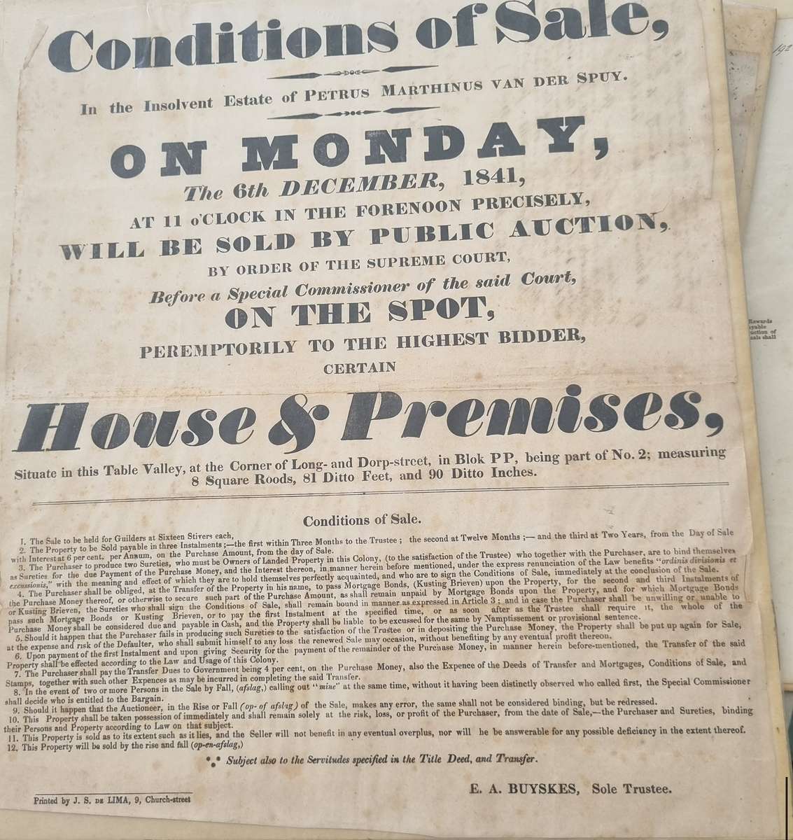 Property auction notice for  corner of Long Street Dorp Street, Cape Town property in 1841