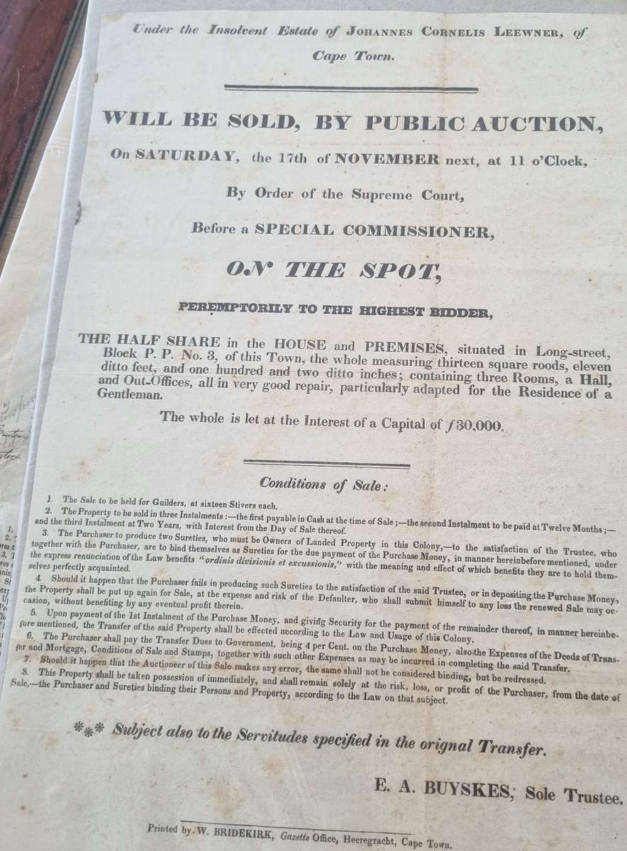 Property auction poster/notice for 1838 (probably) for a property in Long Street, Cape Town.