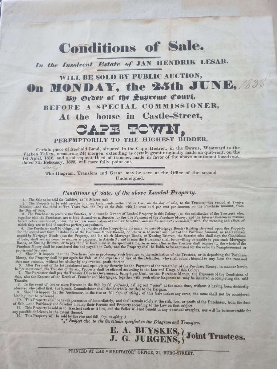Cape Town auction poster for Manenberg 1838