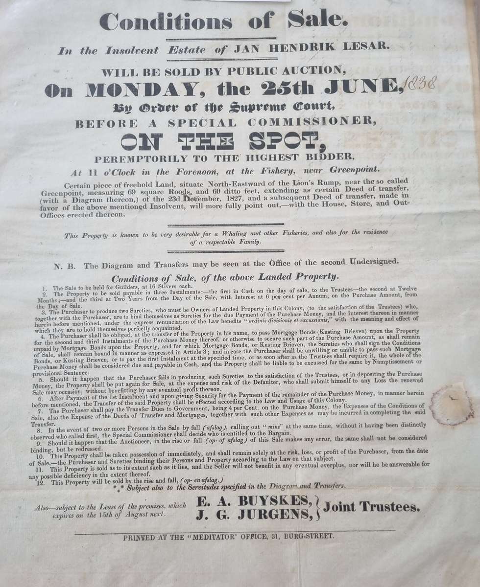 Auction poster/notice for sale of Upper Green Point land in 1838