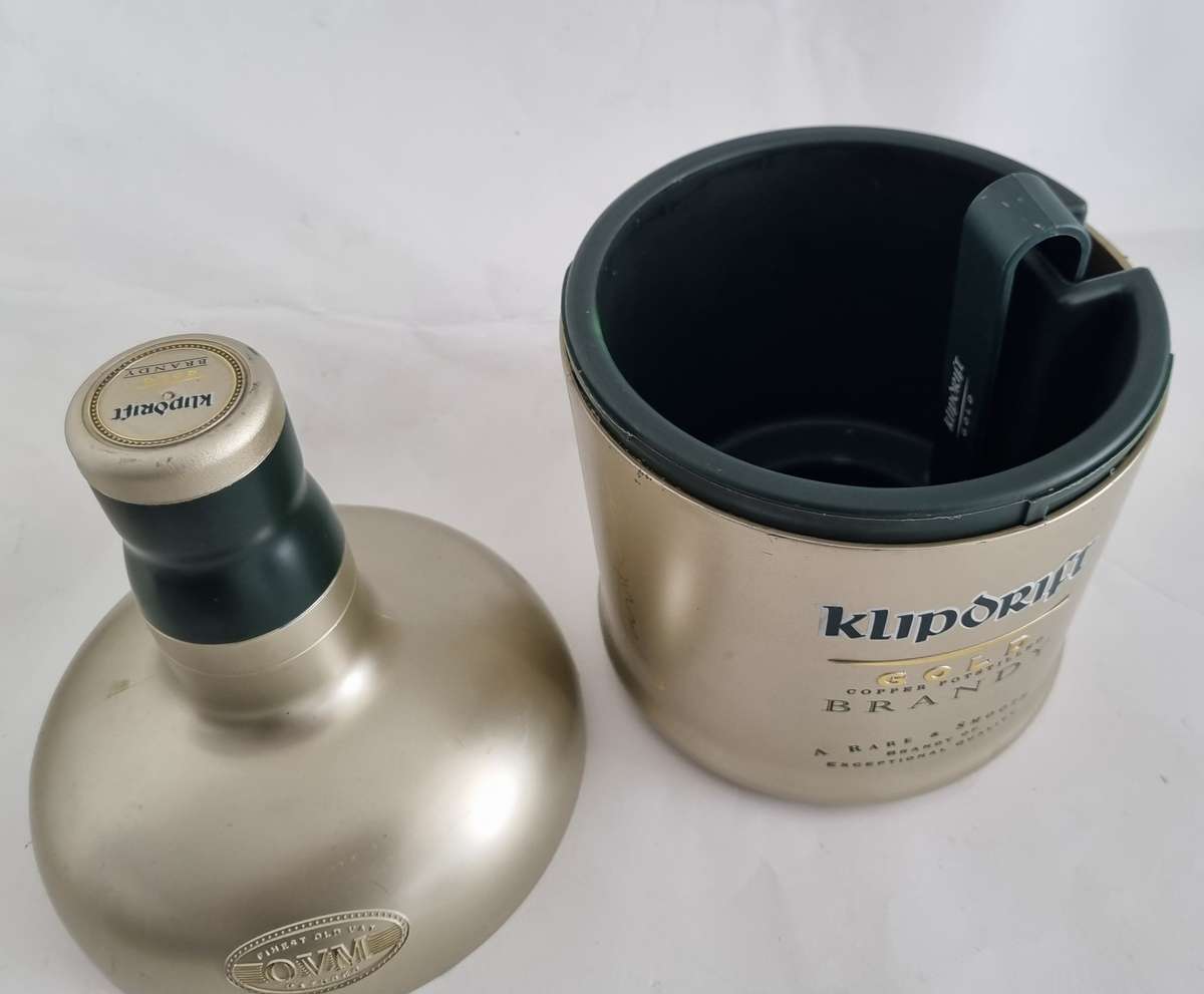 Klipdrift plastic ice bucket in the shape of a brandy bottle.
