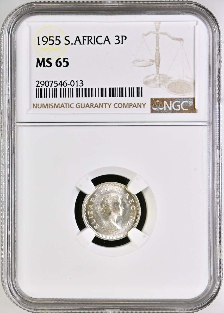 S. Africa: 1955 QEII 3D (Tickey) NGC Certified MS65