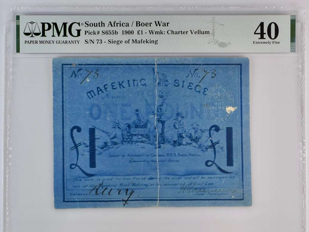 S. Africa (Pre-Reserve Bank): 1900 Mafeking Siege Blue 1 Pound PMG Certified XF40 (Serial #73)