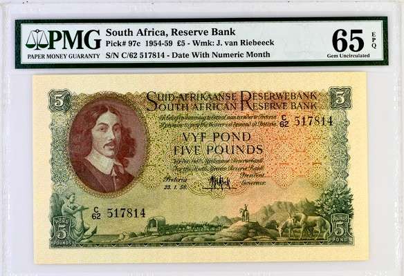 S. Africa (Reserve Bank): 1958 MH De Kock 5 Pounds PMG GU65EPQ