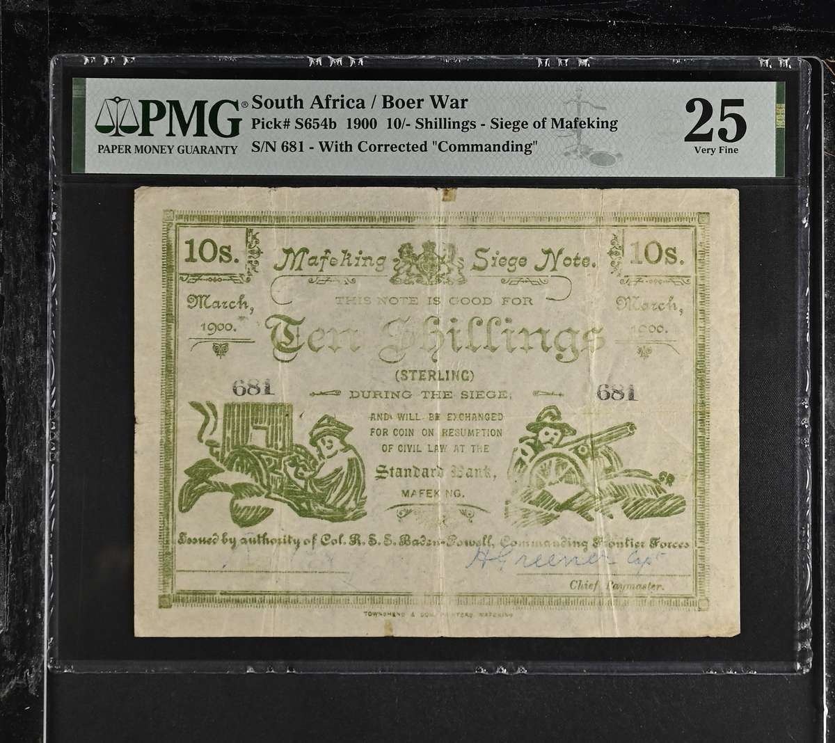 S. Africa (Pre-Reserve Bank): 1900 Mafeking Siege 10S with Croxley Manifest Bank Watermark PMG VF25