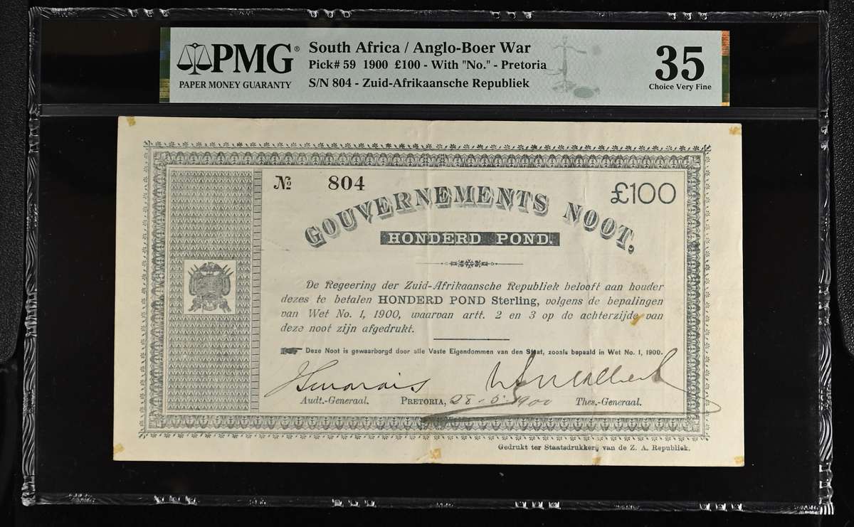 S. Africa (Pre-Reserve Bank): 1900 ZAR Pretoria 100 Pounds PMG Certified VF35