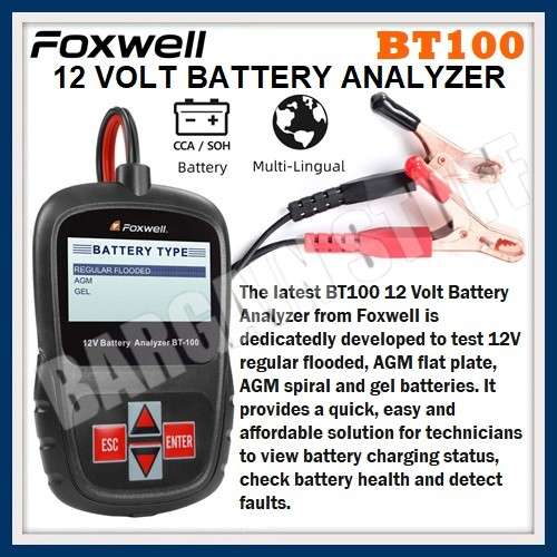 Foxwell BT100 12V Car Battery Tester / Analyzer for Flooded/AGM/GEL