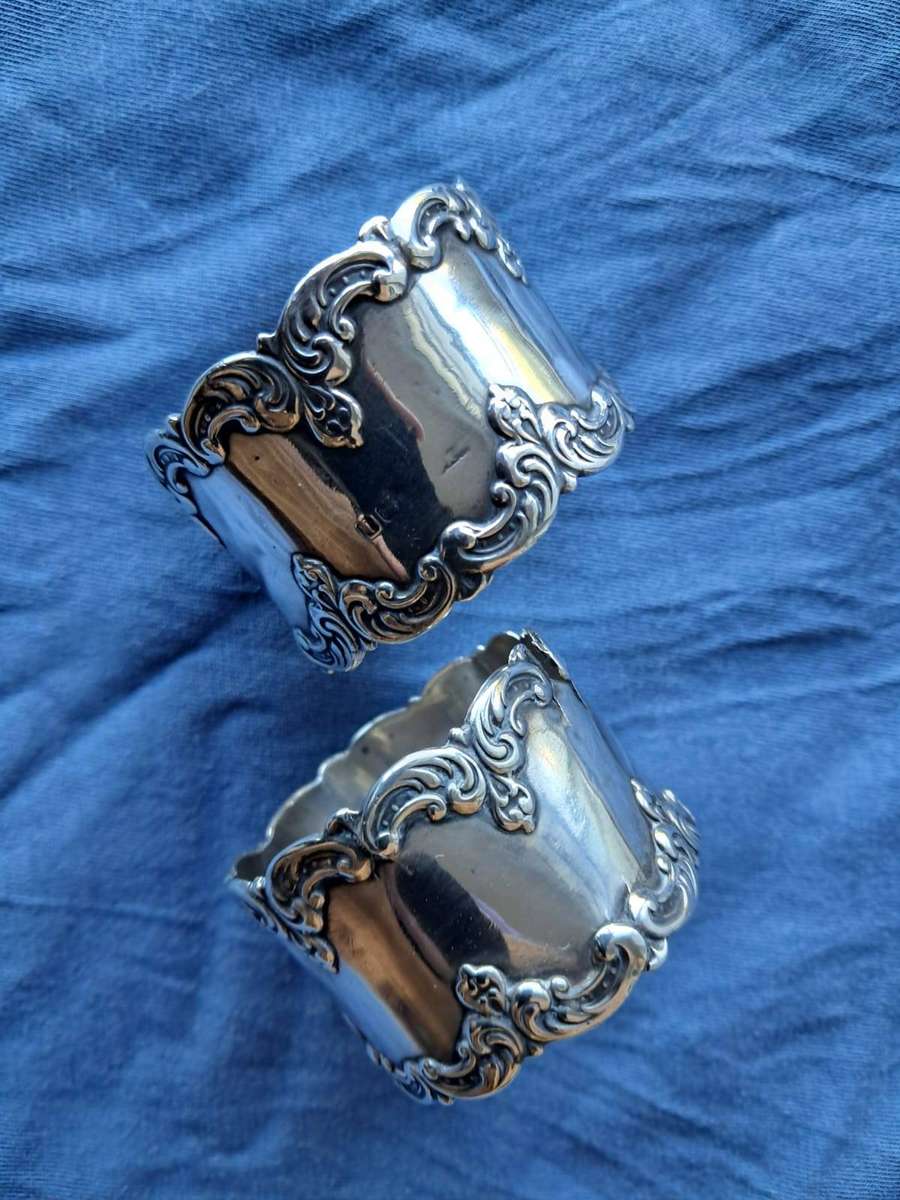Solid Sterling SIlver Antique Pair Napkin Rings Birmingham 1910, 54 gm