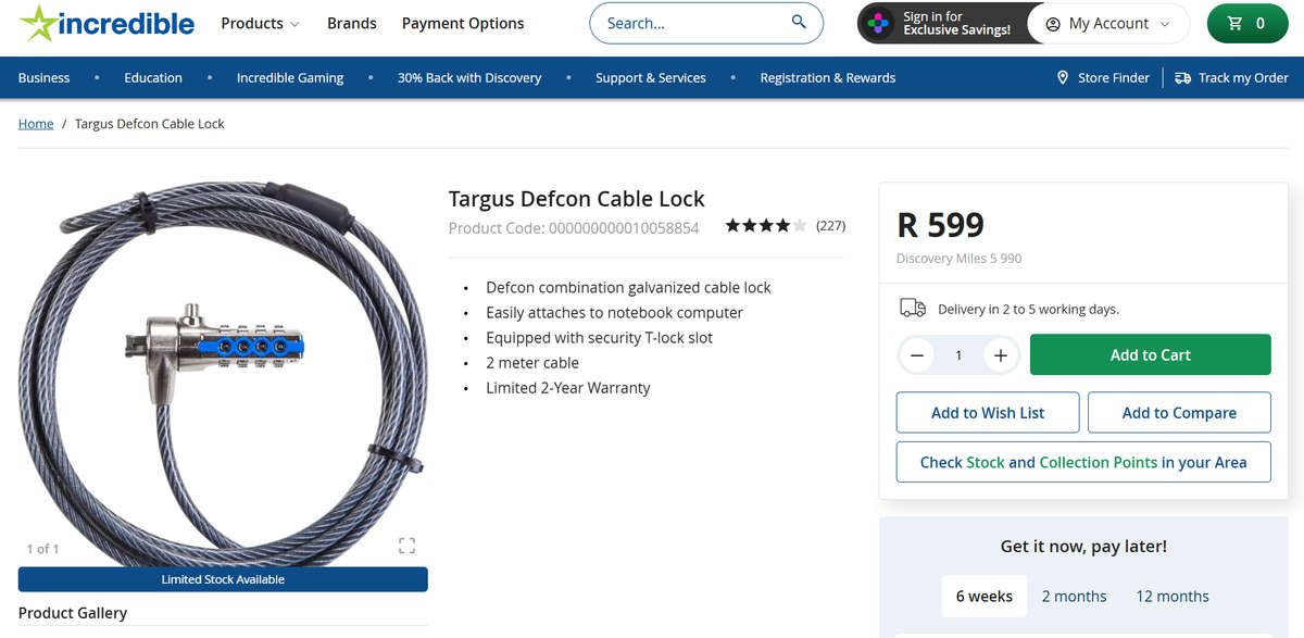 Targus Combination Lock - Sells for R599