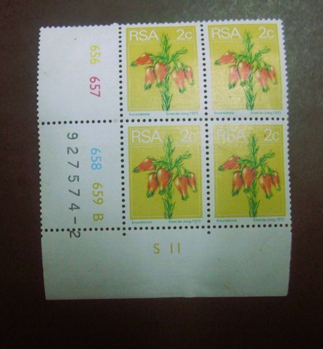 control block of four 2c stamps from South Africa's 2nd Definitive series, originally  WITH ERRORs