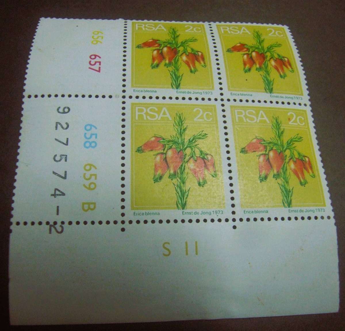 control block of four 2c stamps from South Africa's 2nd Definitive series, originally  WITH ERRORs