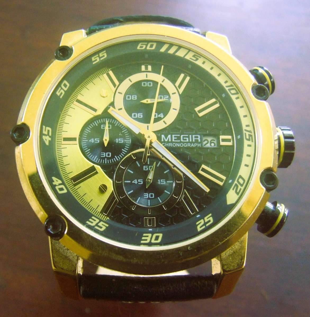 MEGIR Men's Yellow Leather Chronograph Sports Watch, specifically model 2079. It's a bold, functiona