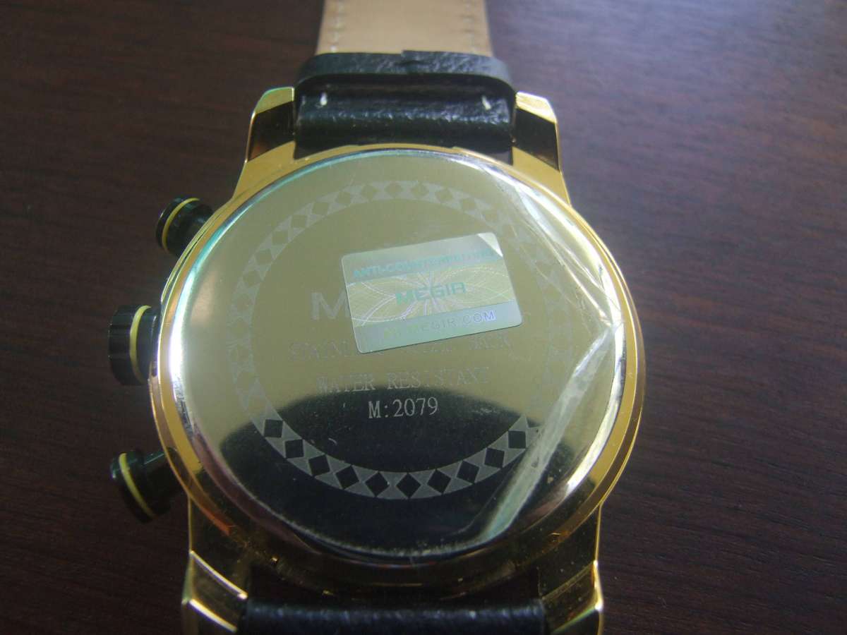 MEGIR Men's Yellow Leather Chronograph Sports Watch, specifically model 2079. It's a bold, functiona