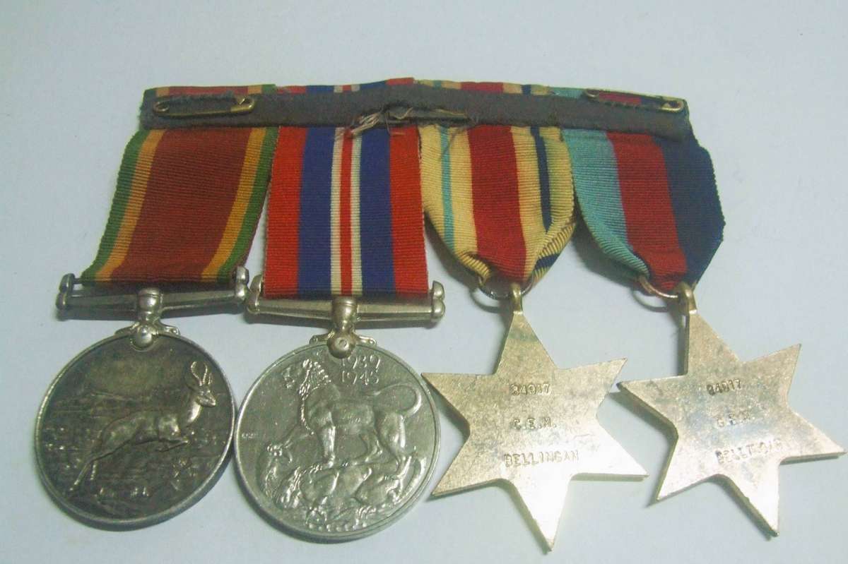World War II campaign medals belonging to C. E. M. Bellingan. Silver included