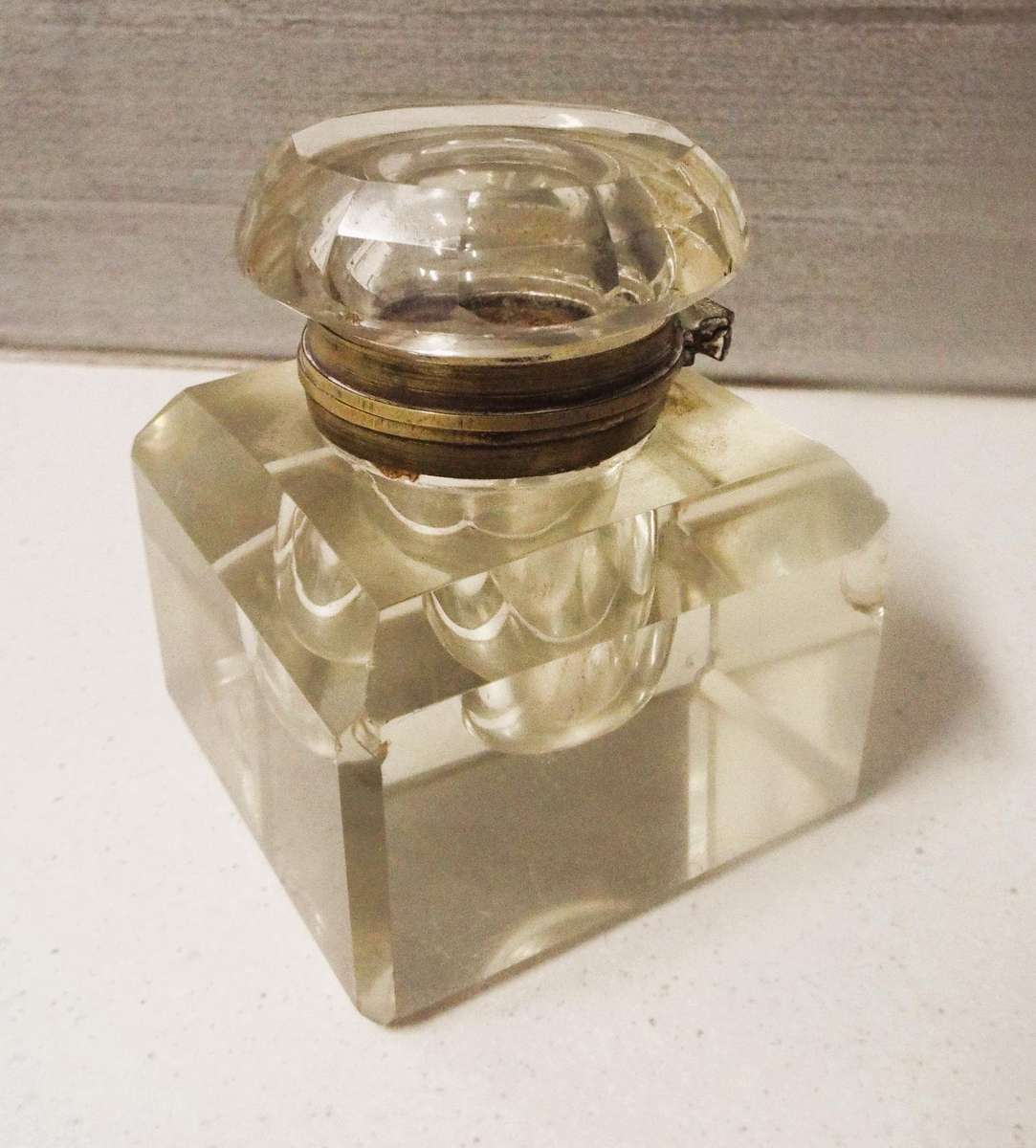 very rare Antique glass inkwell 7cm square 8.5cm tall