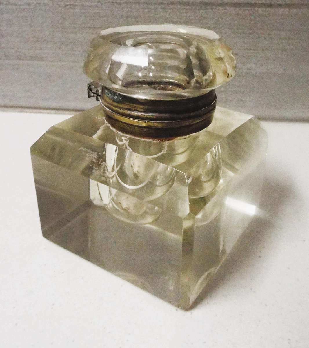 very rare Antique glass inkwell 7cm square 8.5cm tall