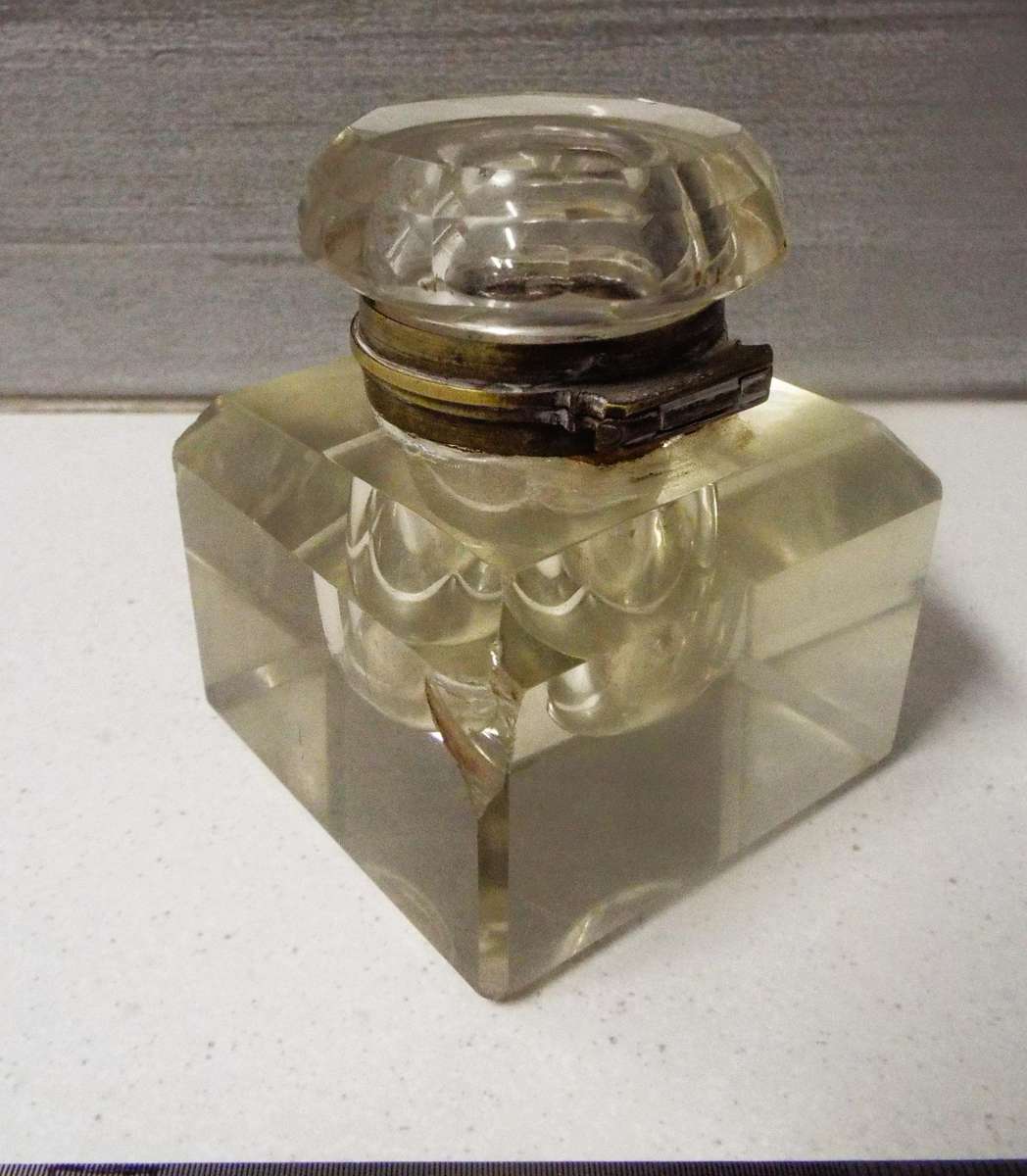 very rare Antique glass inkwell 7cm square 8.5cm tall