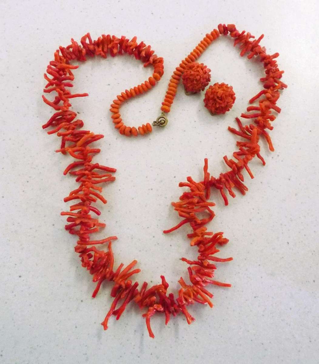 REAL RARE  Antique Salmon red Coral necklace with ear rings
