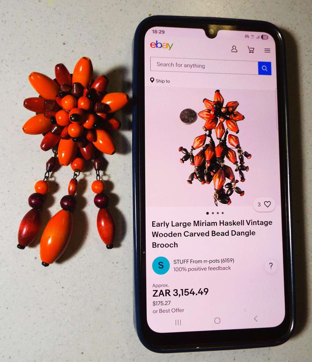 Large VINTAGE wood bead dangle brooch