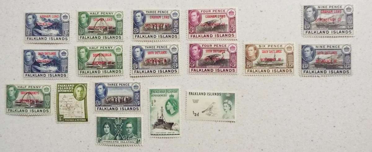 FRAKLAND ISLANDS GROUP   (1936-1952 ) HIGH VALUE LOT OF 17 STAMPS