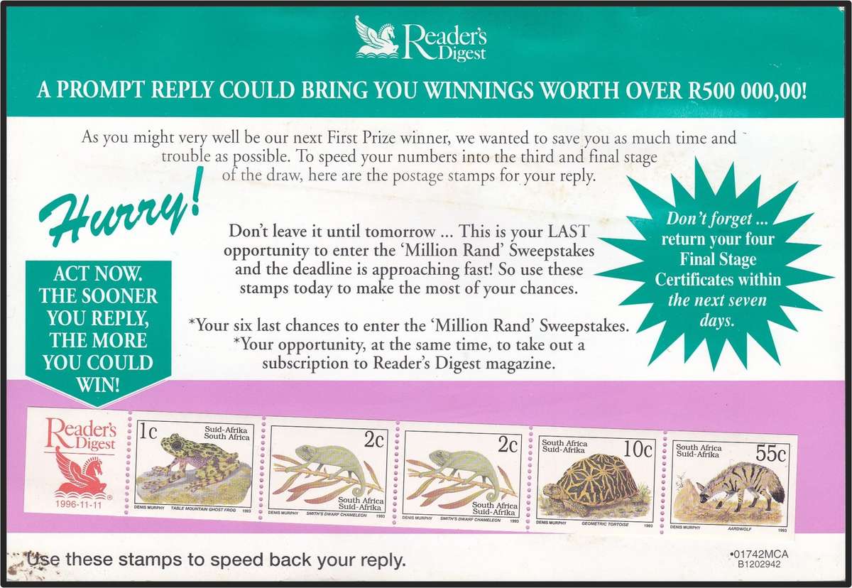 RSA 6th Def x 5 Different Reader's Digest Strips on Original Cards