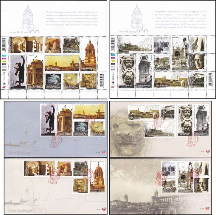 2013 RSA Union Buildings Centenary Sheetlets & FDC 8.55 to 8.58  @ R1,250 + FDCs (R330 ea)