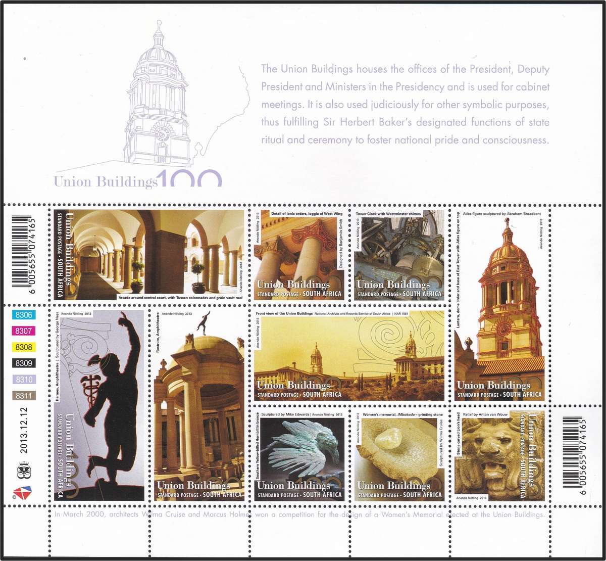 2013 RSA Union Buildings Centenary Sheetlets & FDC 8.55 to 8.58  @ R1,250 + FDCs (R330 ea)