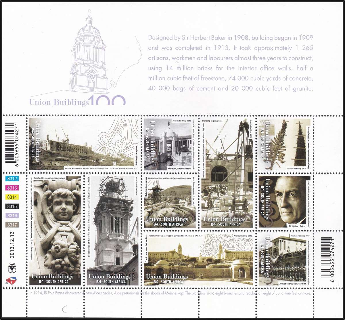 2013 RSA Union Buildings Centenary Sheetlets & FDC 8.55 to 8.58  @ R1,250 + FDCs (R330 ea)