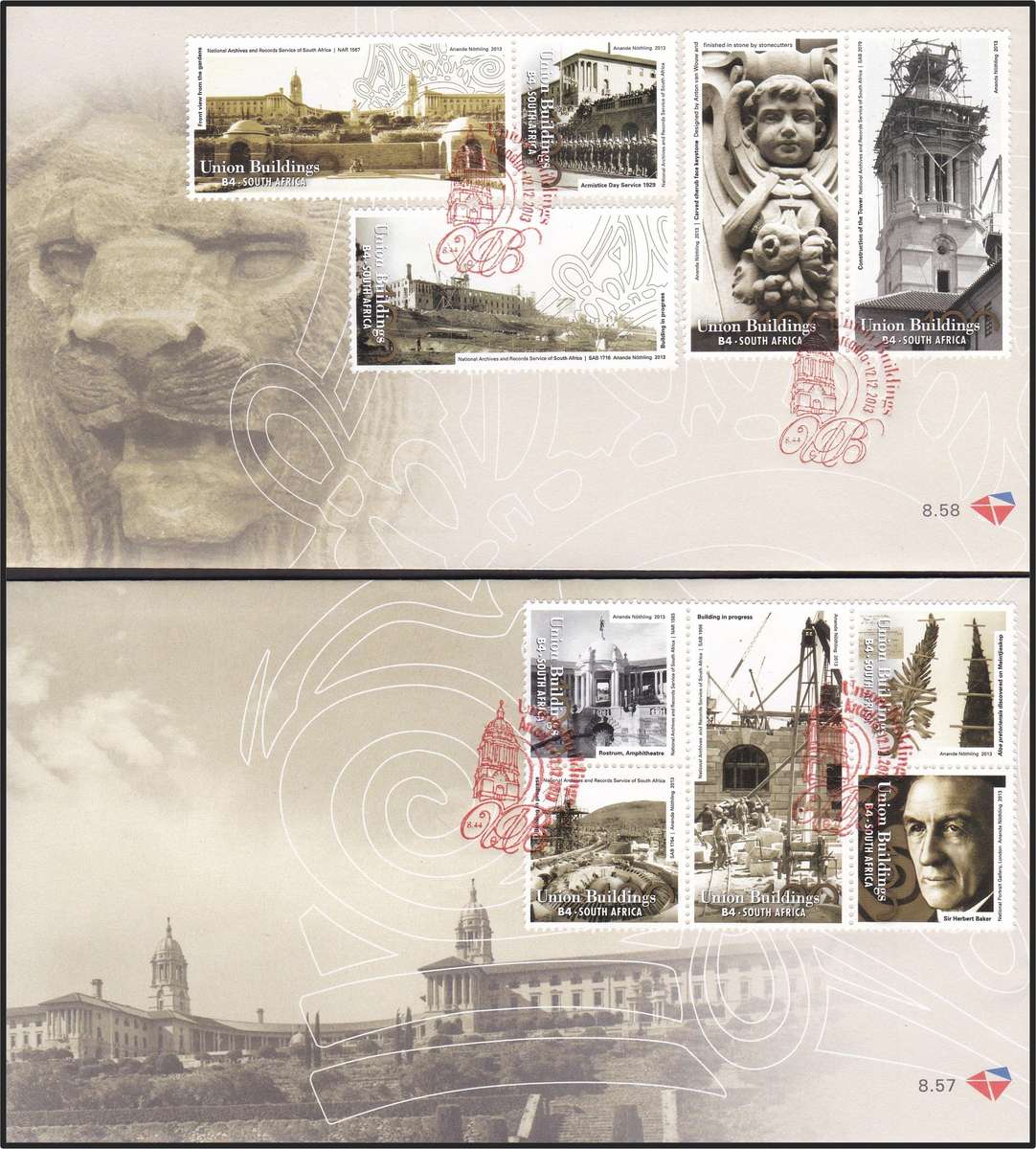 2013 RSA Union Buildings Centenary Sheetlets & FDC 8.55 to 8.58  @ R1,250 + FDCs (R330 ea)