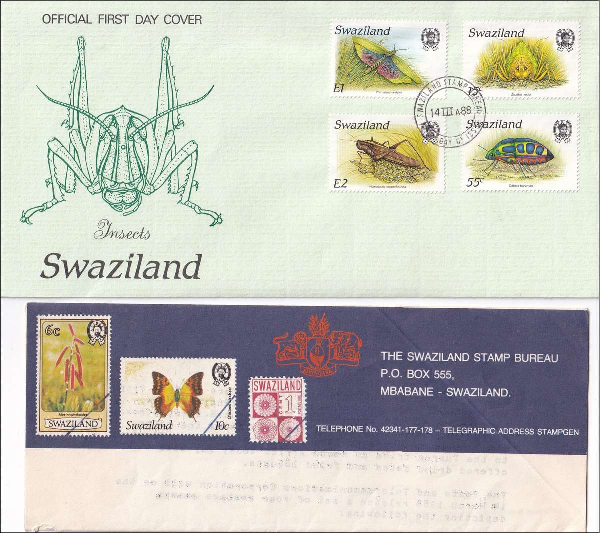 1988 Swaziland Insects UMM(**) Set & FDC + Bulletin & Postally Used  @ CV  R1,000+