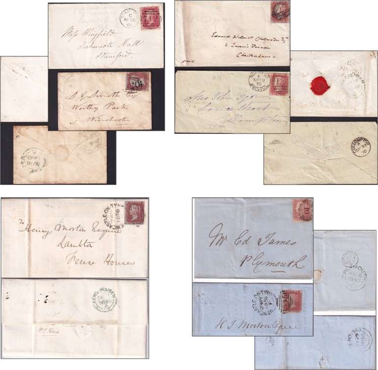 1d GB Reds Postal History Lot (x7) - Covers/Wrappers/Postmarking - SG.8/SG.17/SG.43